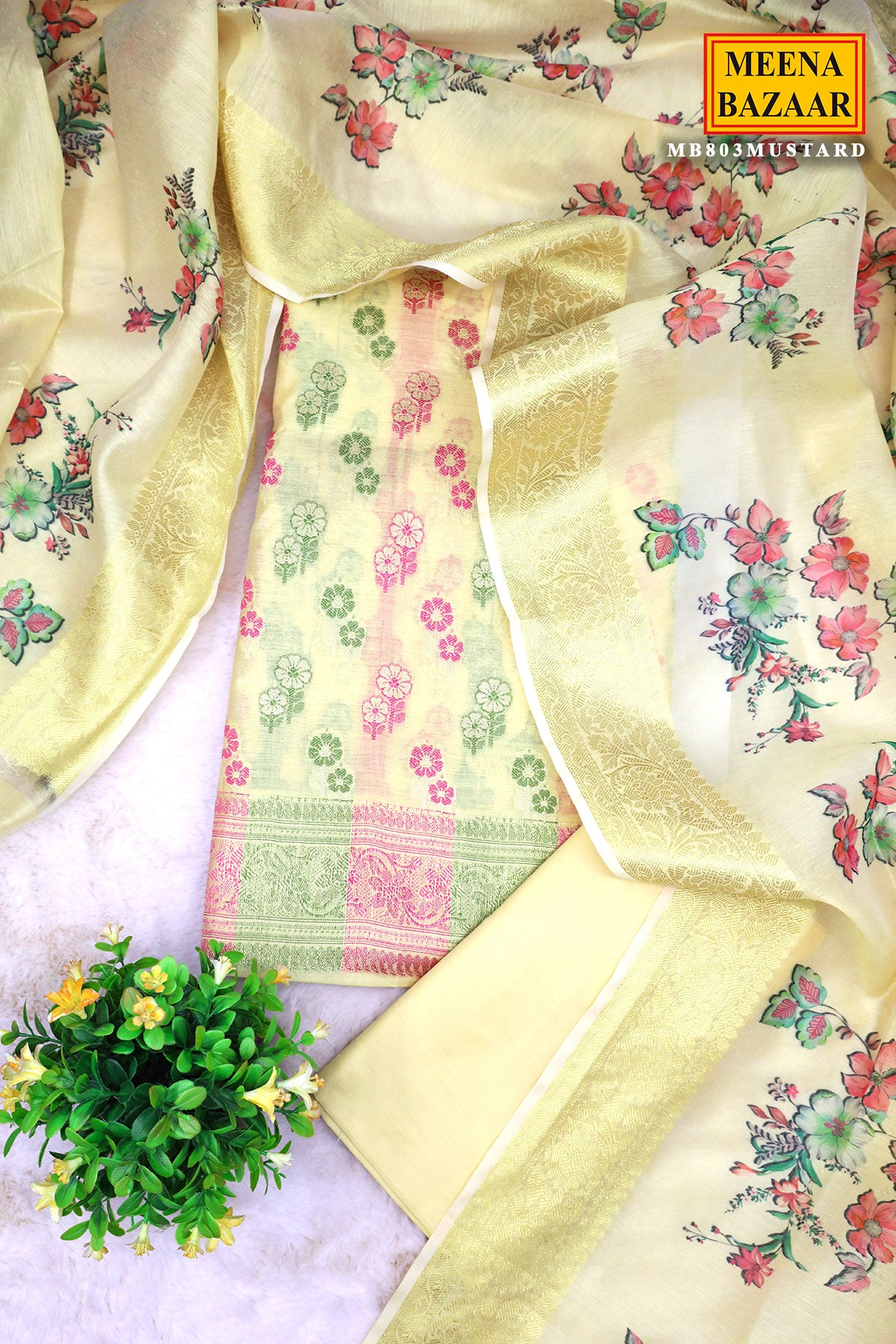 Lemon Yellow Chanderi Cotton Floral Zari Motif Unstitched Suit Set