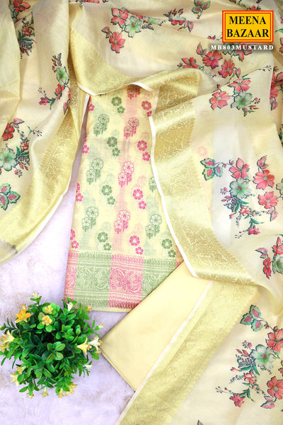 Lemon Yellow Chanderi Cotton Floral Zari Motif Unstitched Suit Set