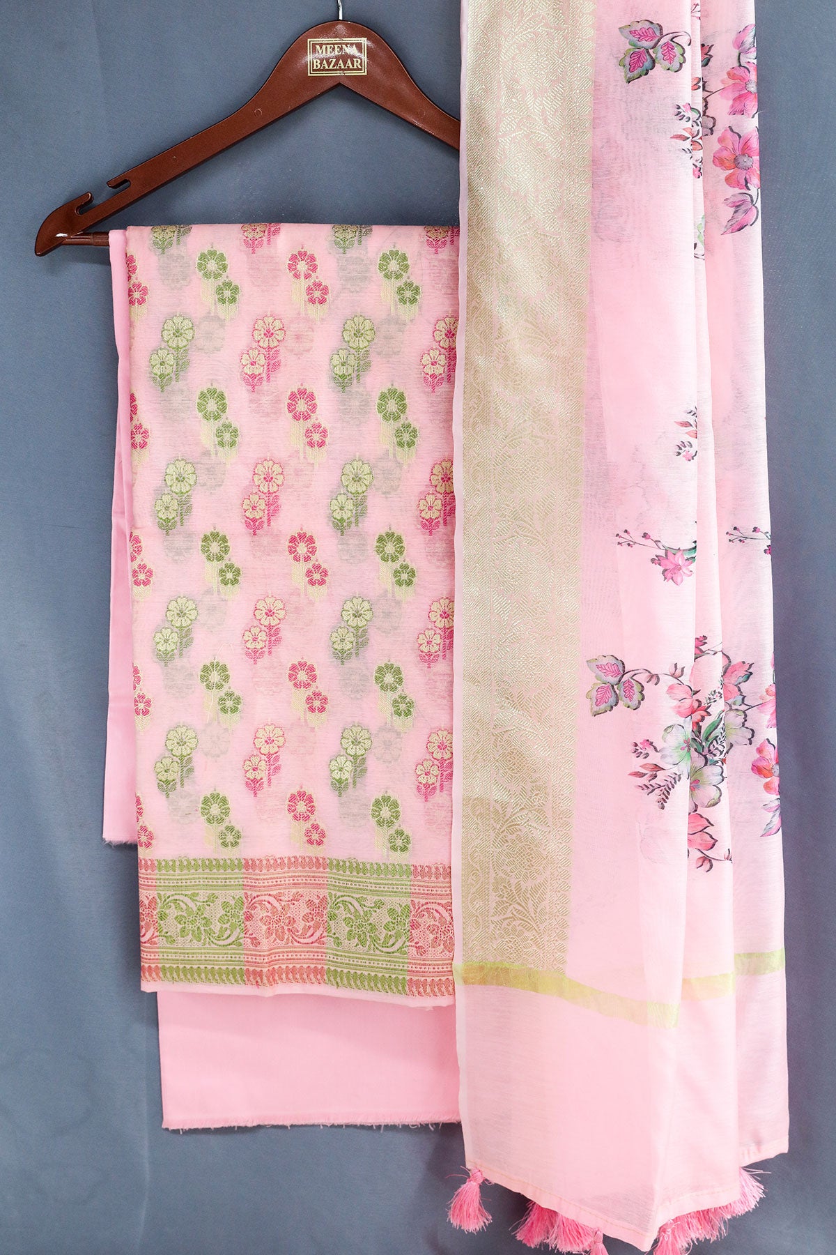 Pink Chanderi Cotton Floral Zari Motif Unstitched Suit Set