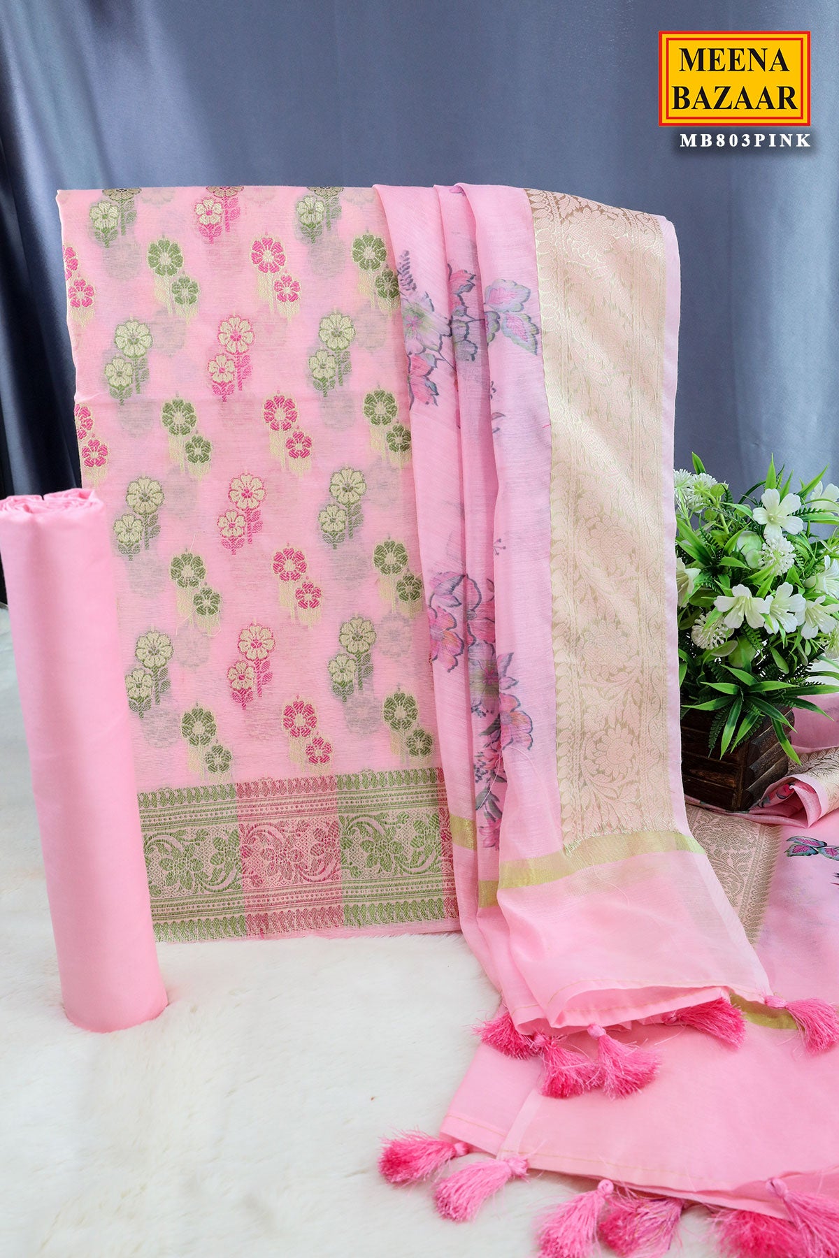 Pink Chanderi Cotton Floral Zari Motif Unstitched Suit Set