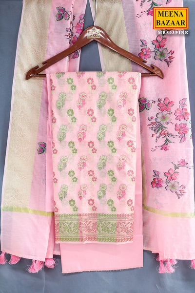 Pink Chanderi Cotton Floral Zari Motif Unstitched Suit Set