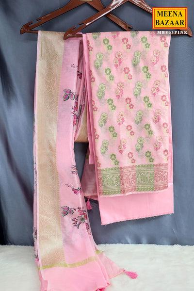 Pink Chanderi Cotton Floral Zari Motif Unstitched Suit Set