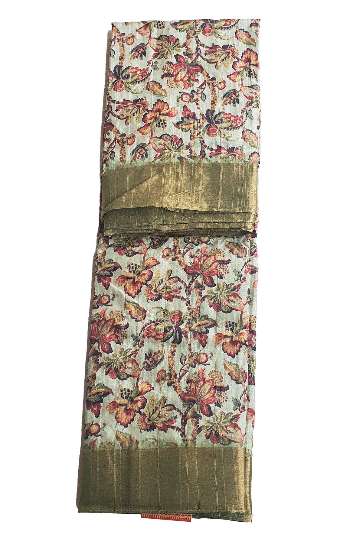 Pista Cotton Floral Printed Zari Woven Border Saree