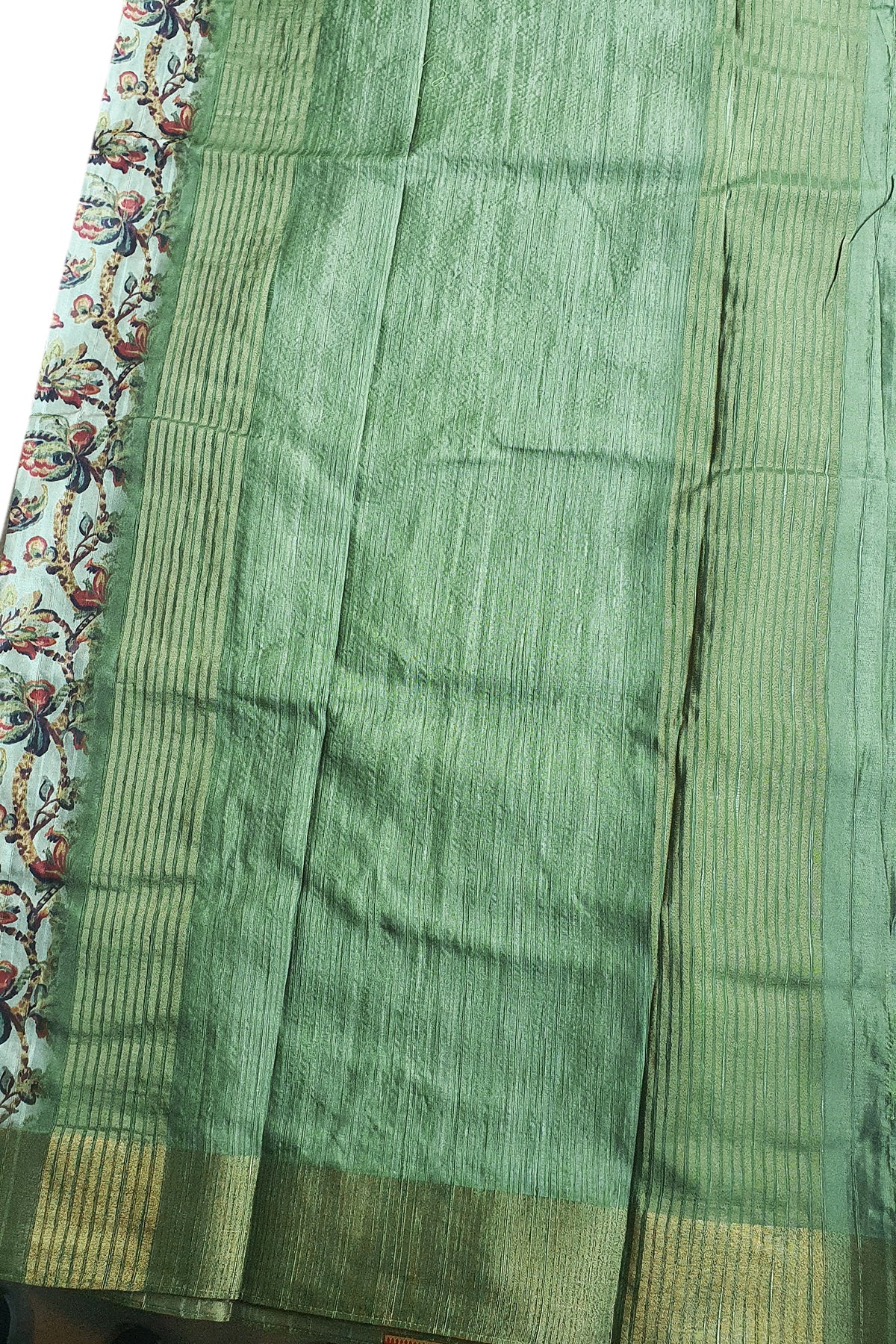 Pista Cotton Floral Printed Zari Woven Border Saree