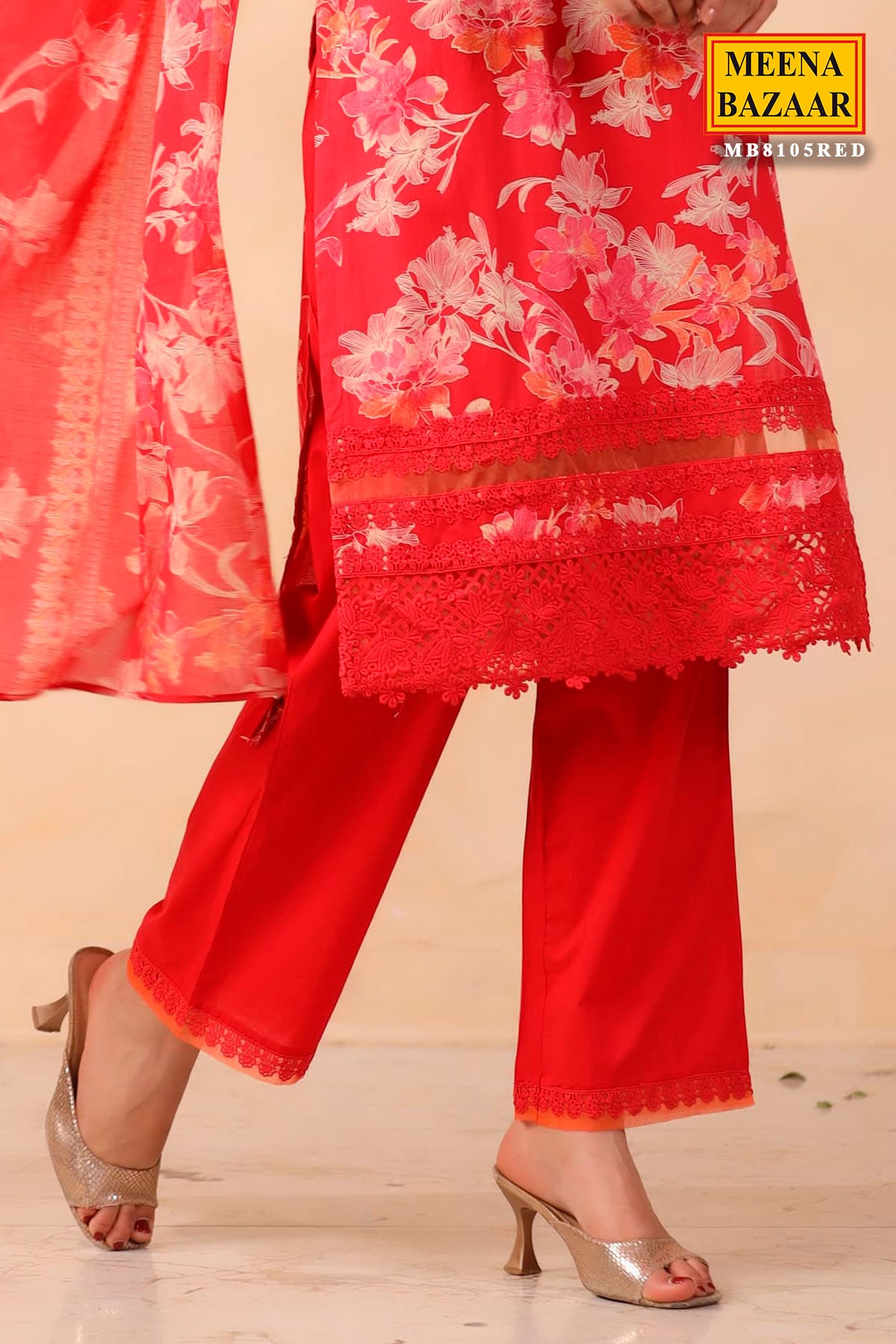 Red Cotton Ready Made Suit with Embroidered Neck – Meena Bazaar