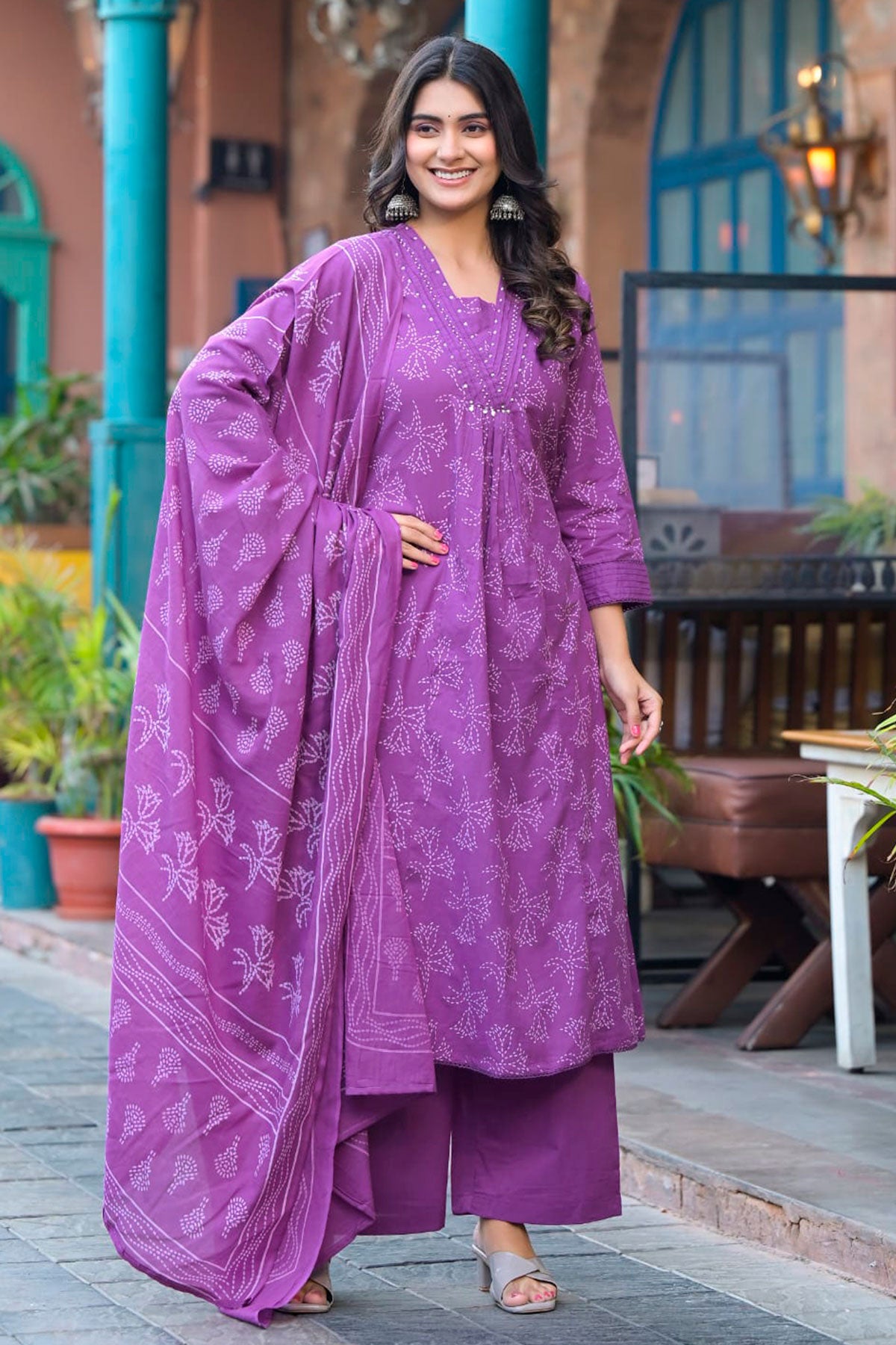 Mauve Printed Straight Fit Cotton Kurta with Pant & Dupatta