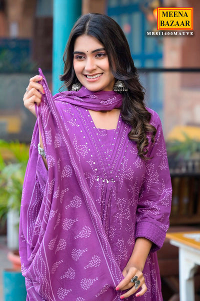 Mauve Printed Straight Fit Cotton Kurta with Pant & Dupatta