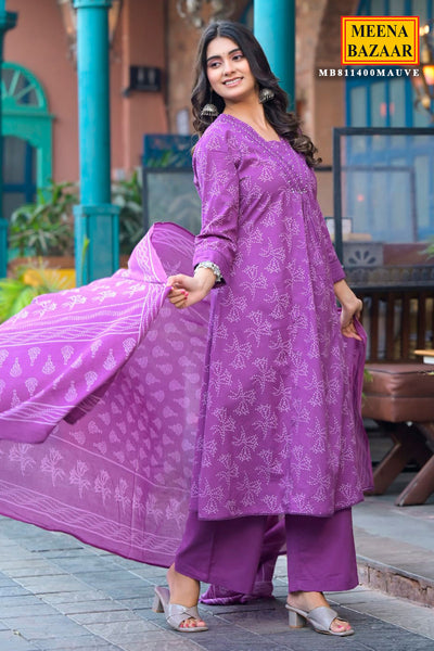 Mauve Printed Straight Fit Cotton Kurta with Pant & Dupatta