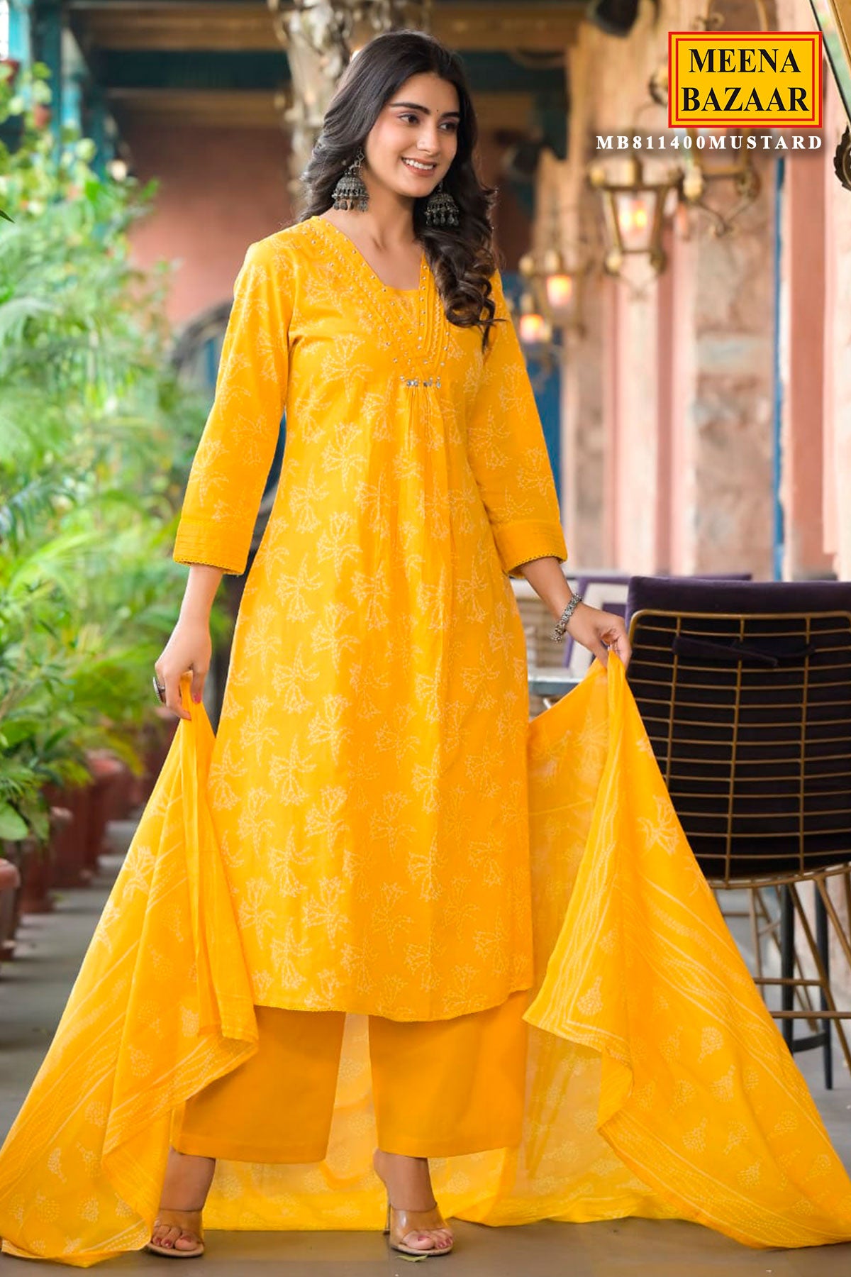 Mustard Printed Straight Fit Cotton Kurta with Pant & Dupatta