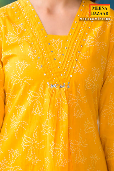 Mustard Printed Straight Fit Cotton Kurta with Pant & Dupatta