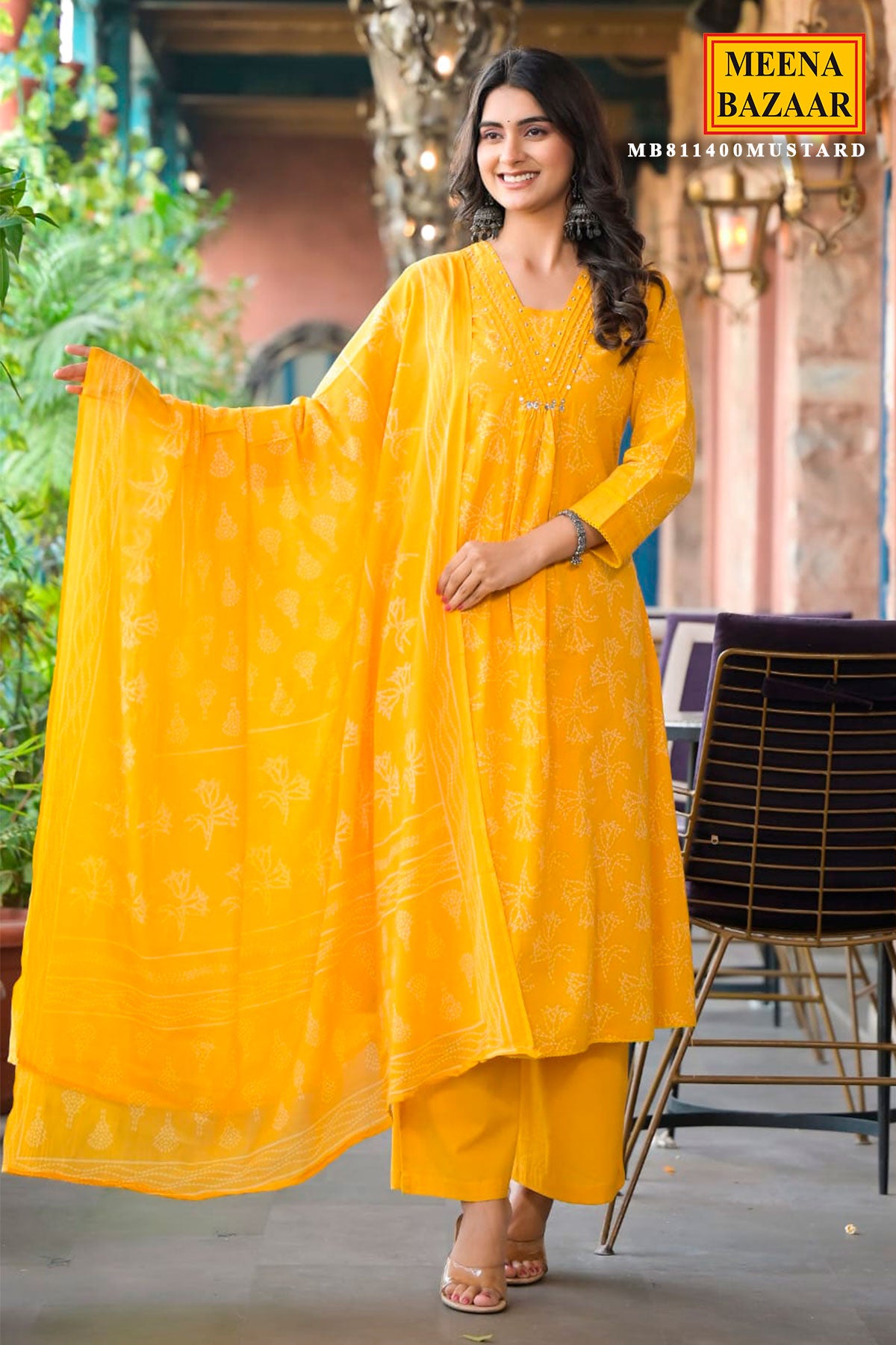 Mustard Printed Straight Fit Cotton Kurta with Pant & Dupatta