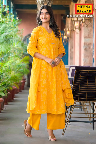 Mustard Printed Straight Fit Cotton Kurta with Pant & Dupatta