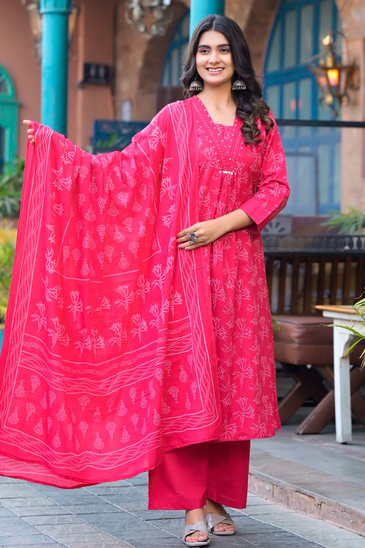 Rani Printed Straight Fit Cotton Kurta with Pant & Dupatta