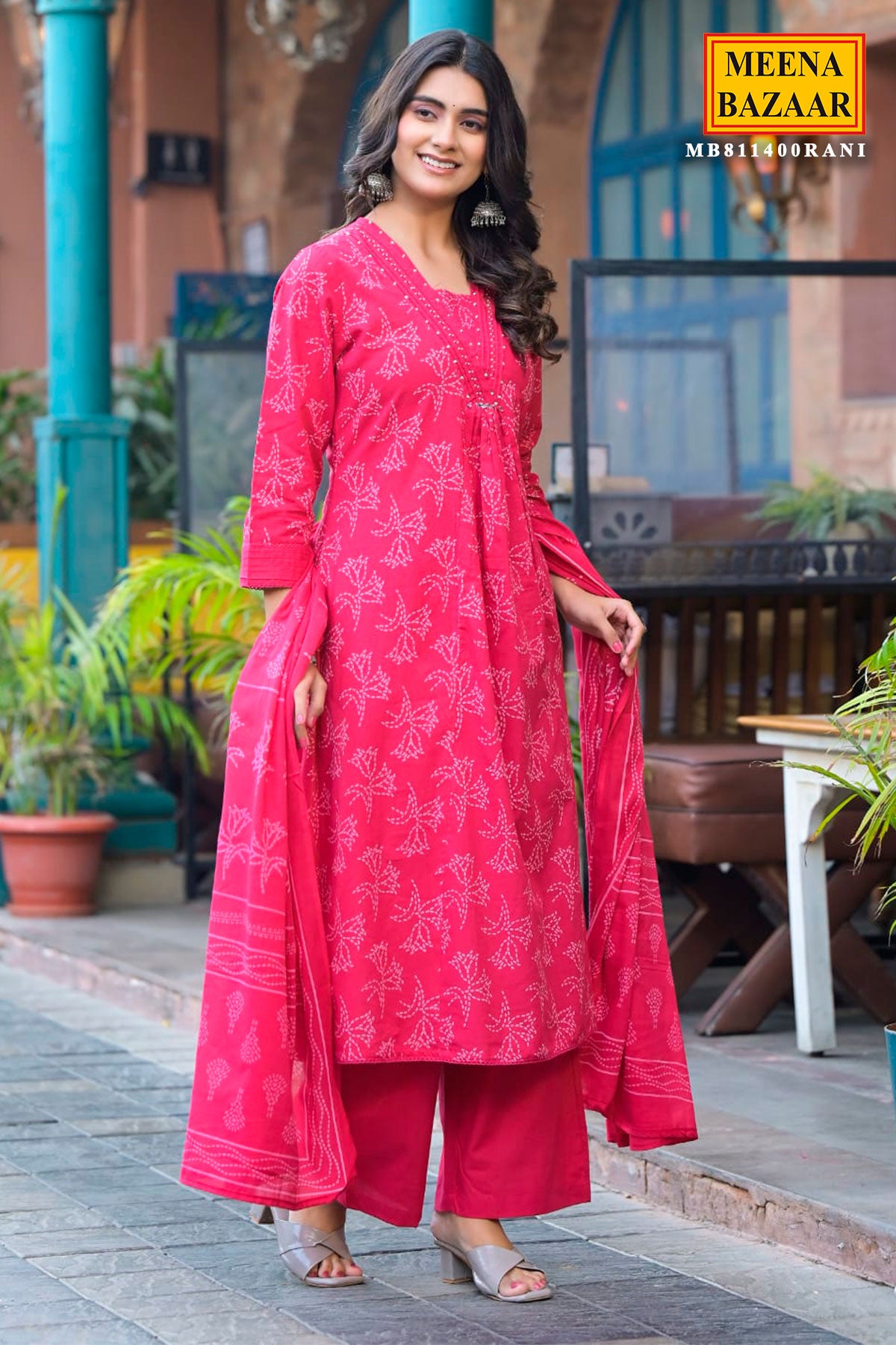 Rani Printed Straight Fit Cotton Kurta with Pant & Dupatta