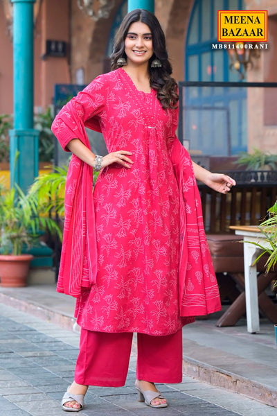 Rani Printed Straight Fit Cotton Kurta with Pant & Dupatta