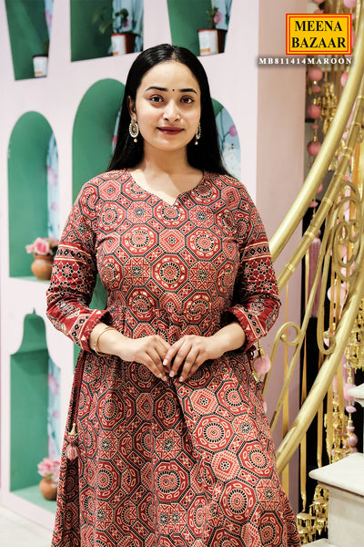 Maroon Cotton Printed Anarkali Styled Kurti