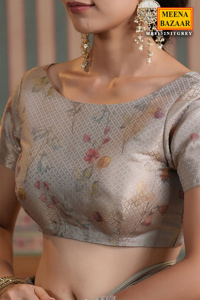 Grey Cotton Floral Printed Saree with Zari Weaving