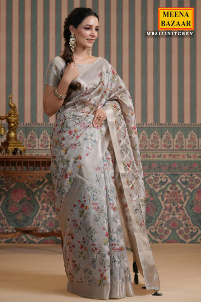 Grey Cotton Floral Printed Saree with Zari Weaving