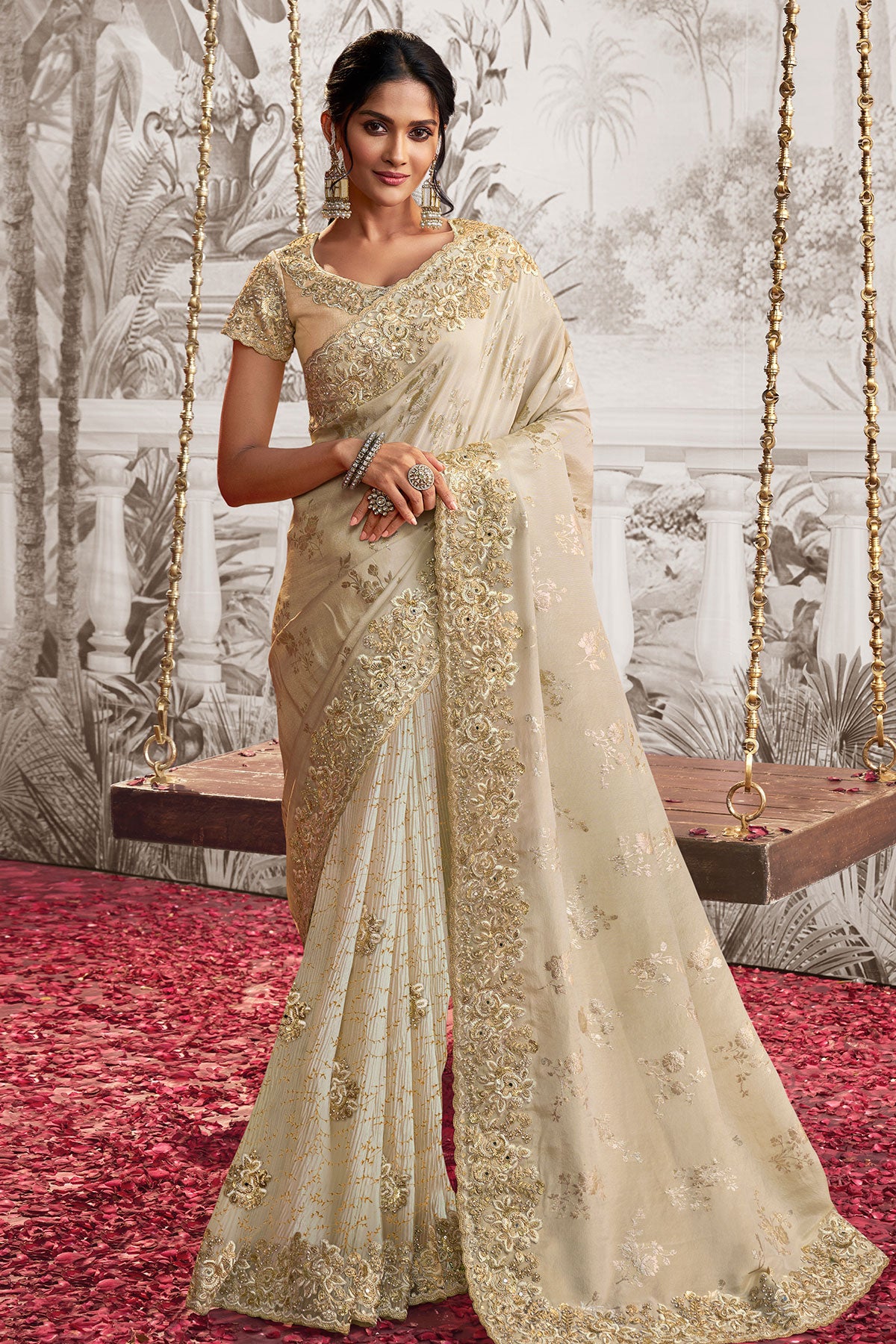 Off-White Viscose Tissue Zari Thread Embroidered Saree