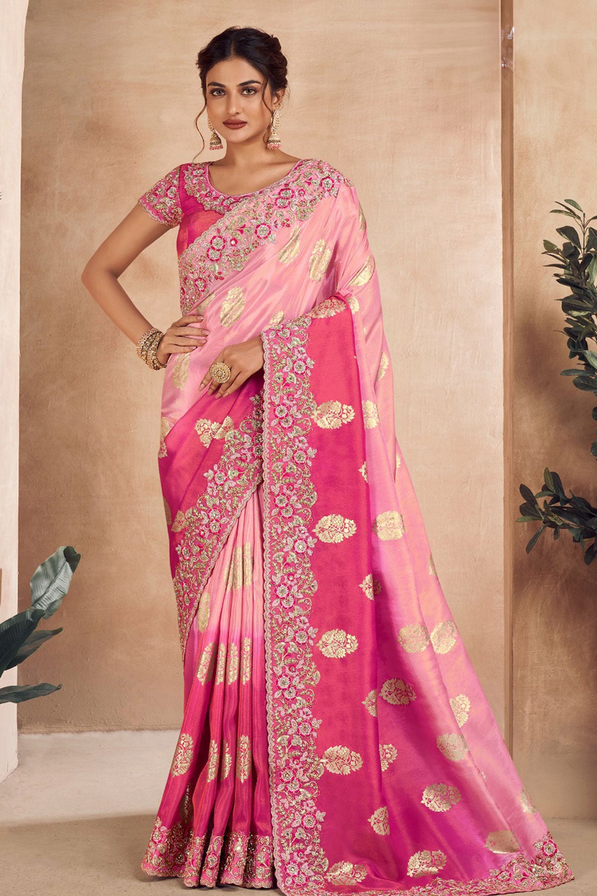 Pink Viscose Tissue Zari Thread Embroidered Saree