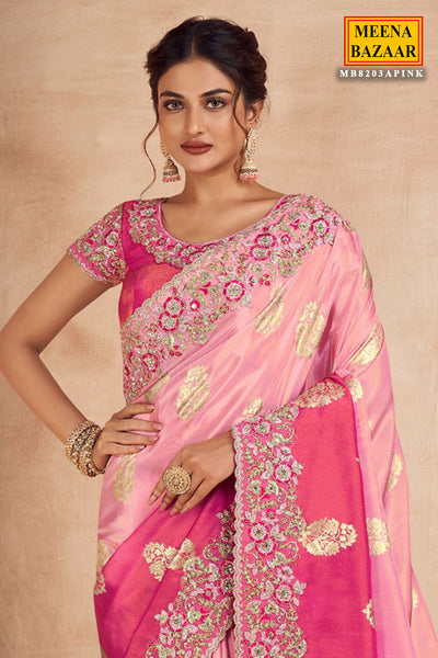 Pink Viscose Tissue Zari Thread Embroidered Saree