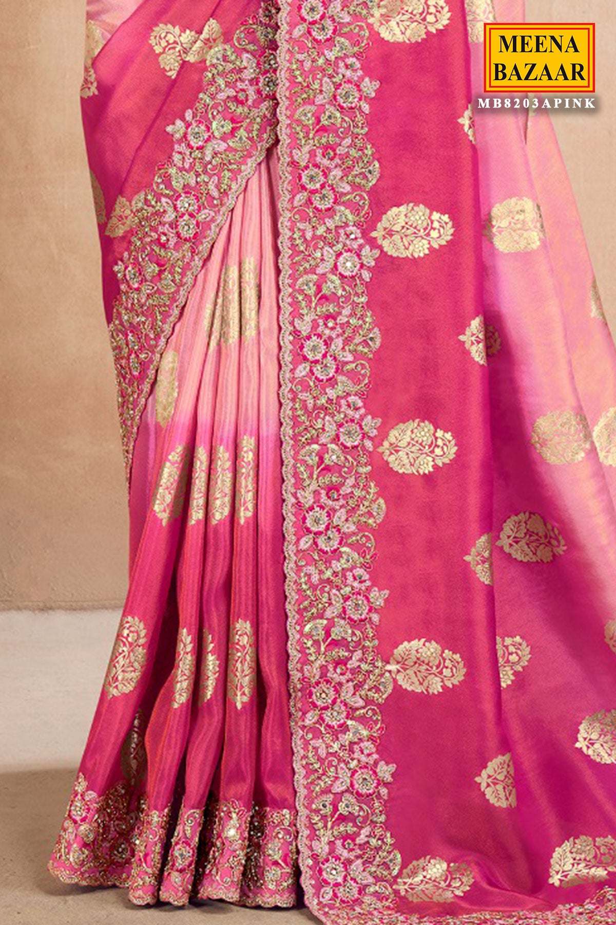 Pink Viscose Tissue Zari Thread Embroidered Saree