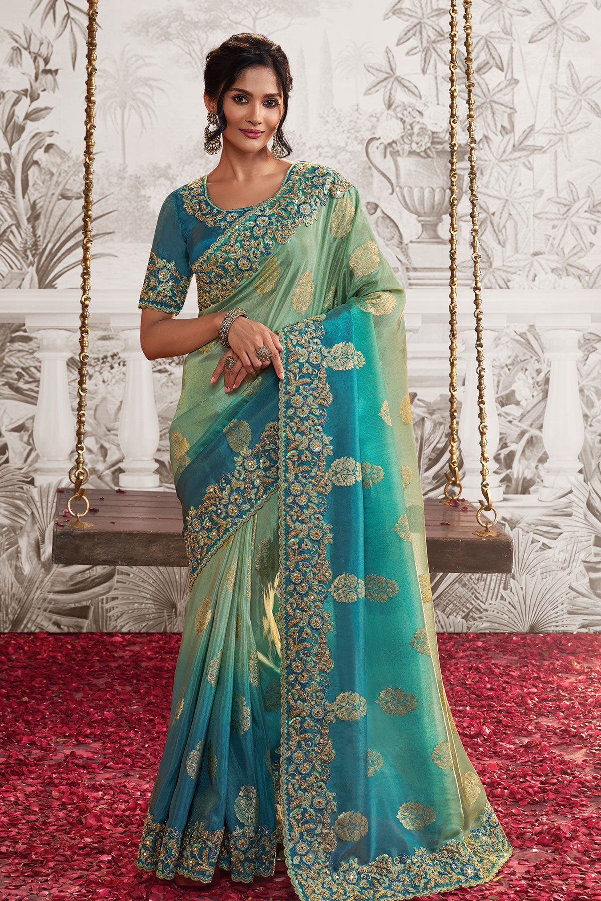 Rama Viscose Tissue Zari Thread Embroidered Saree