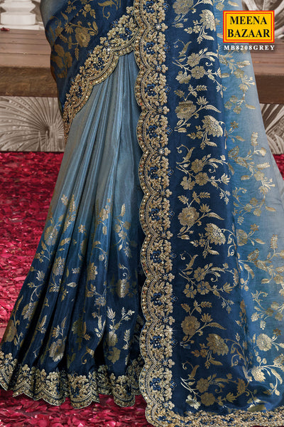 Grey Blue Organza Silk Floral Zari Embroidered Saree