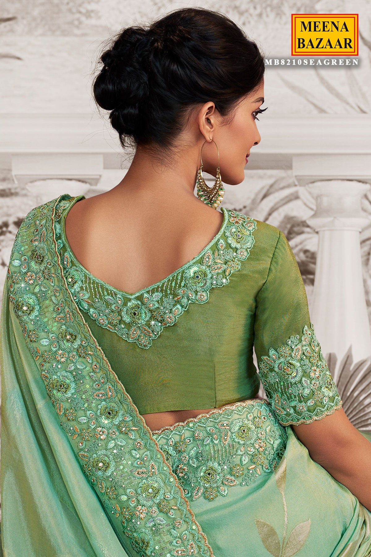 Sea Green Viscose Tissue Zari Thread Embroidered Saree