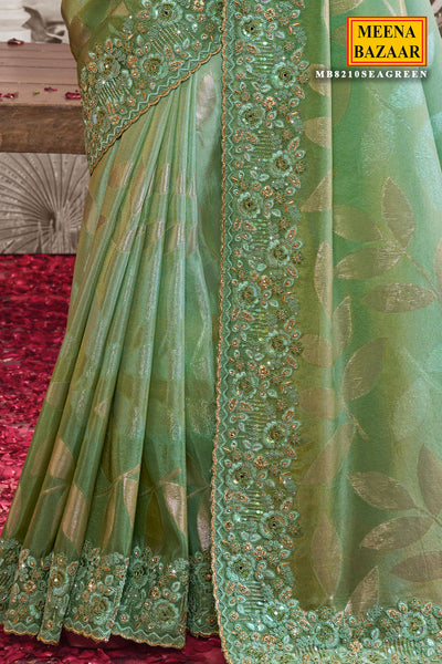 Sea Green Viscose Tissue Zari Thread Embroidered Saree