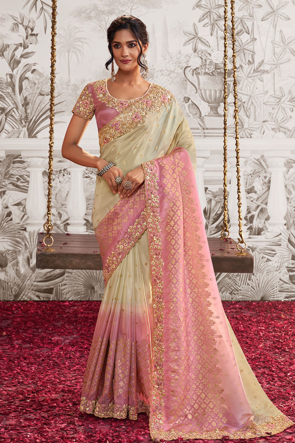 Cream & Pink Organza Silk Zari Thread Embroidered Saree