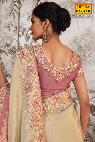 Cream & Pink Organza Silk Zari Thread Embroidered Saree