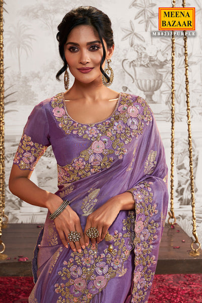 Purple Viscose Tissue Zari Thread Embroidered Saree
