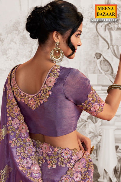 Purple Viscose Tissue Zari Thread Embroidered Saree