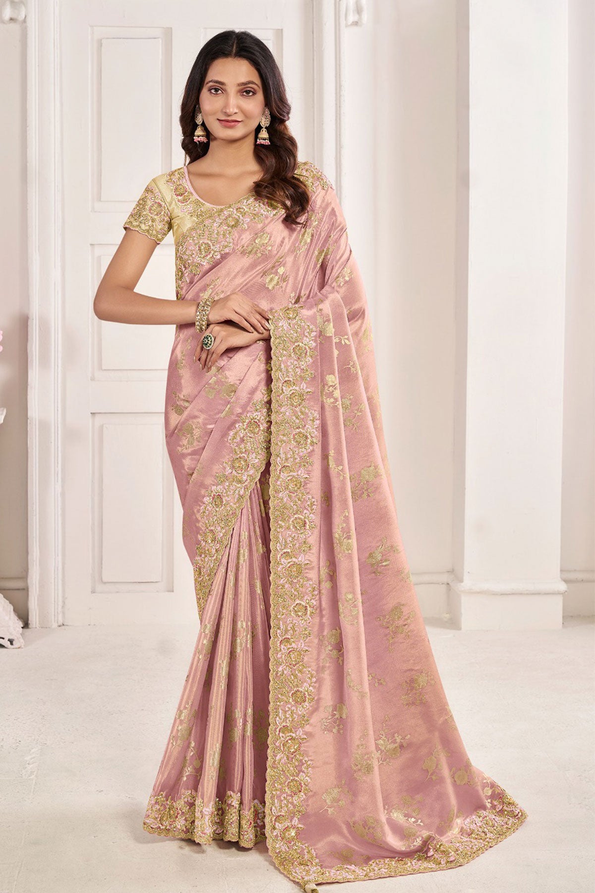 Pink Viscose Tissue Zari Thread Embroidered Saree