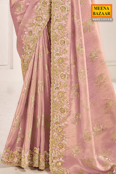 Pink Viscose Tissue Zari Thread Embroidered Saree