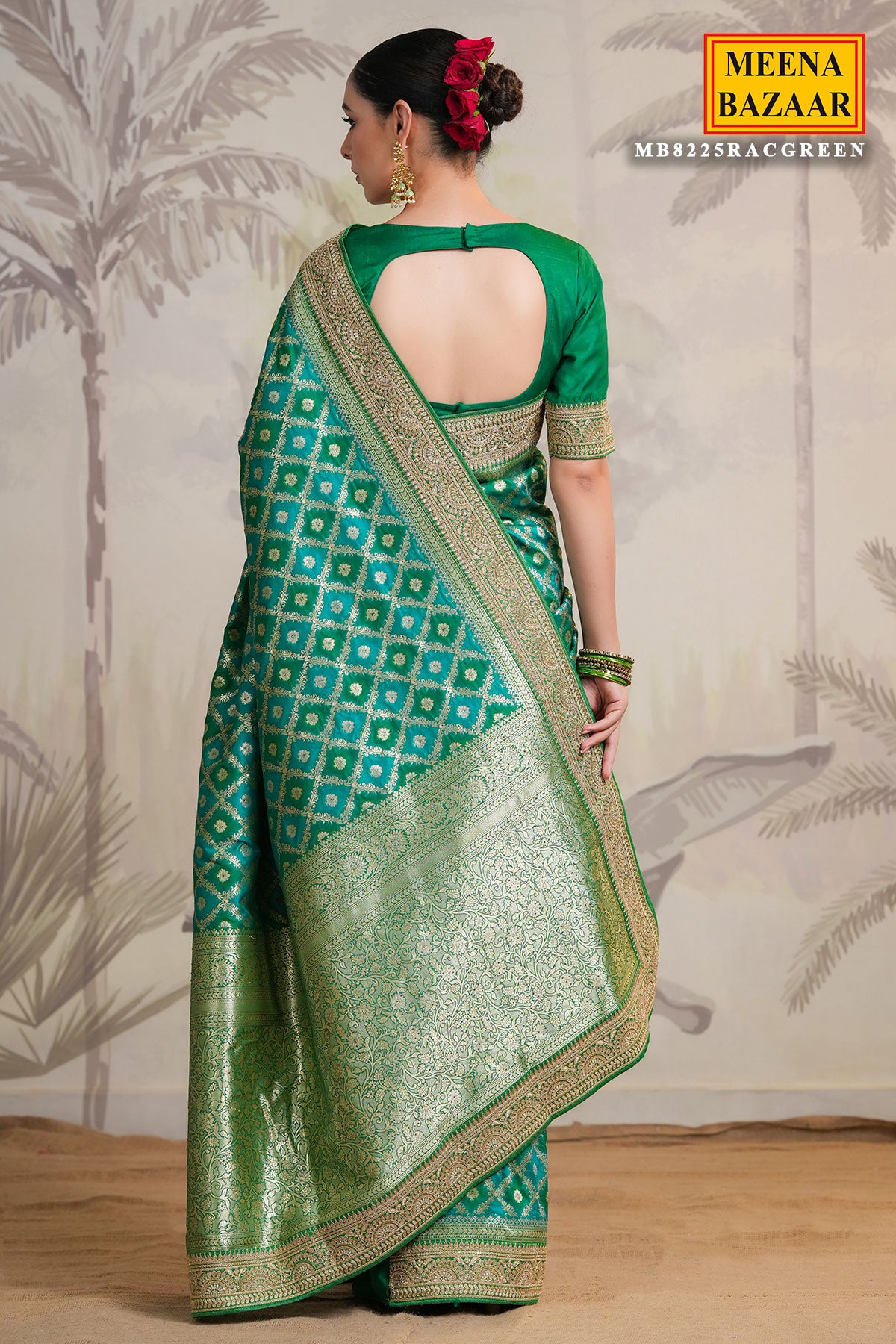Green Silk Floral Zari Woven Saree with Zari Embroidered Border