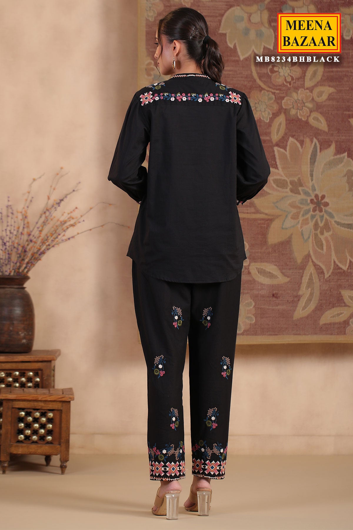 Black Cotton Threadwork Embroidered Kurti Pant Co-ord Set