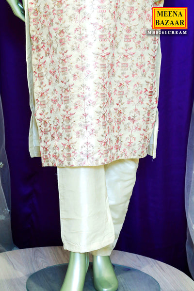 Cream Silk Threadwork and Sequins Embroidered Suit
