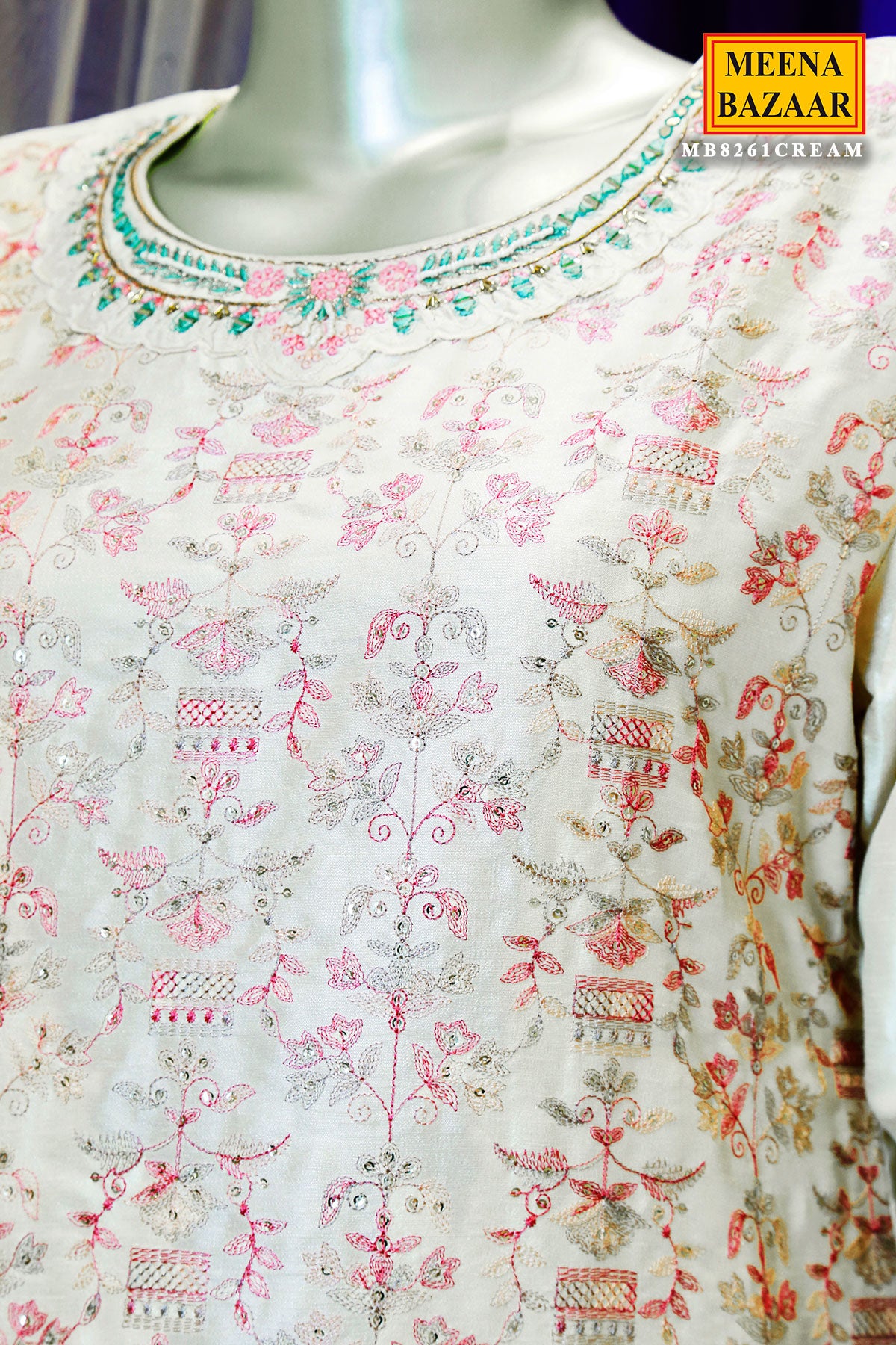 Cream Silk Threadwork and Sequins Embroidered Suit