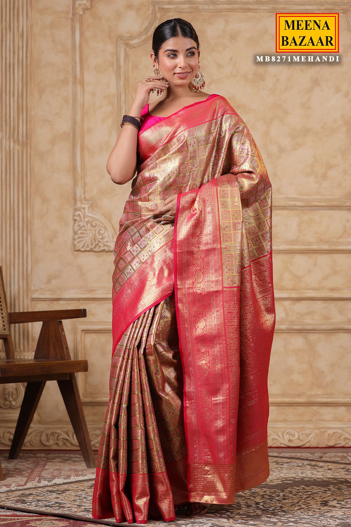 Mehandi Banarasi Silk Weaving Saree