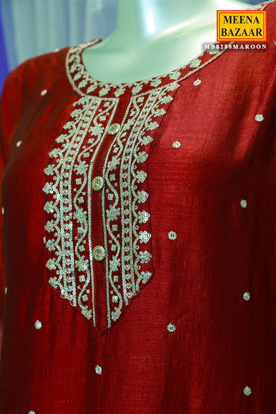 Maroon Raw Silk Zari Embroidered Suit