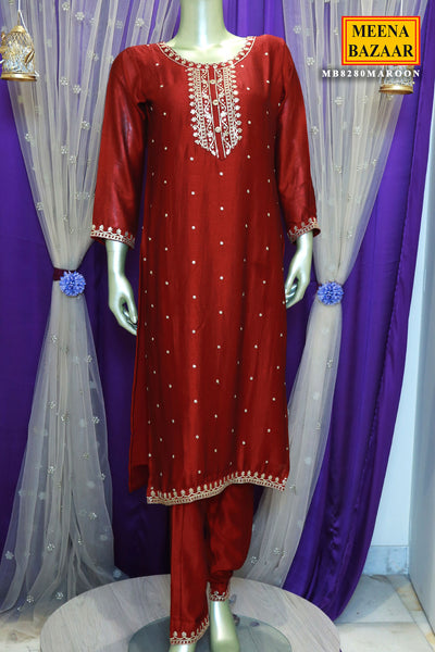 Maroon Raw Silk Zari Embroidered Suit