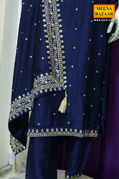 Navy Raw Silk Zari Embroidered Suit