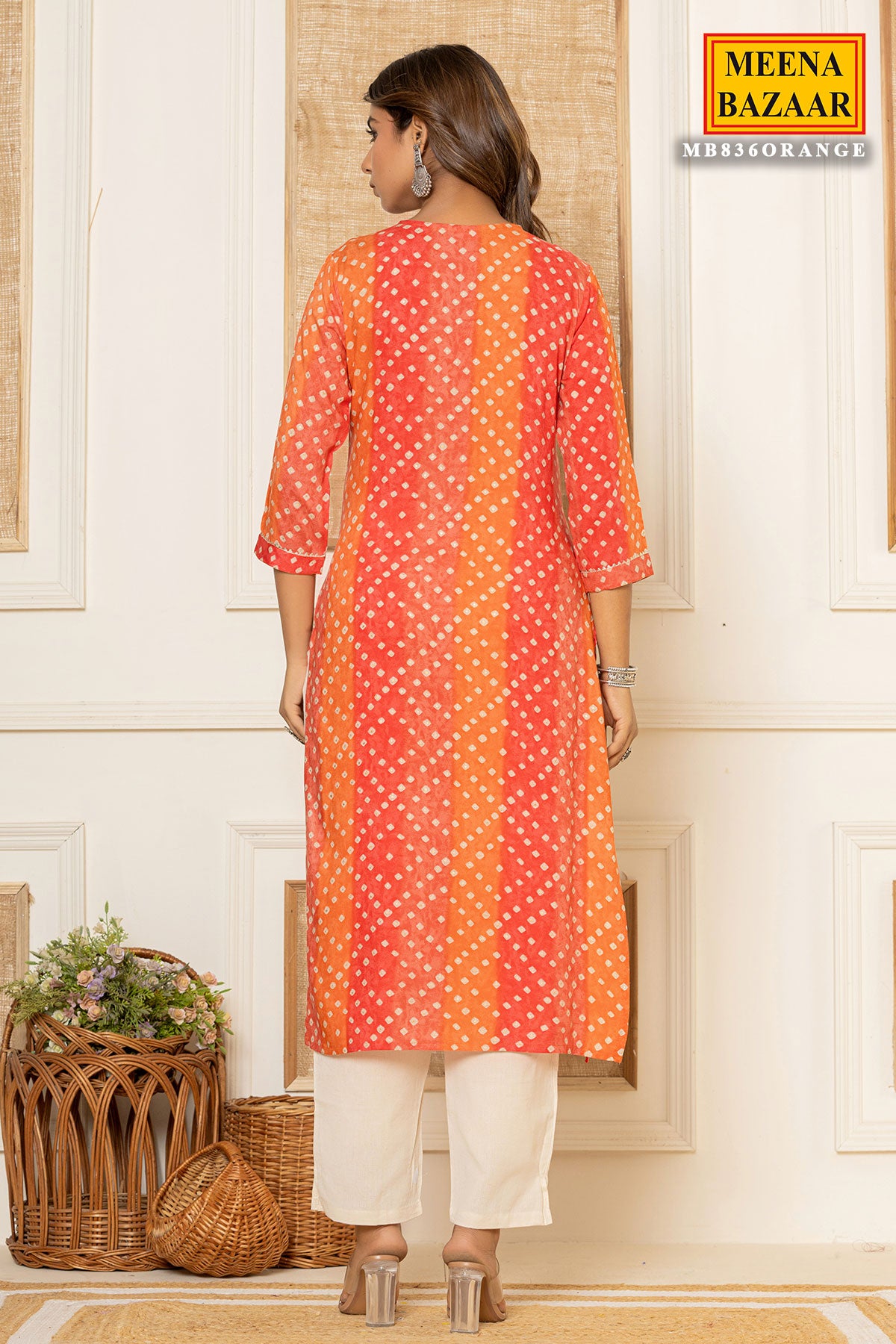 Orange Rayon Kurti Pant Set with Embroidered Neck