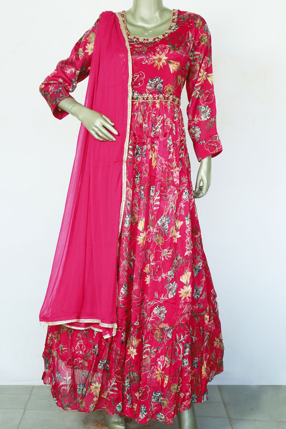 Red Chinon Cutdana and Sequin Embroidery Gown
