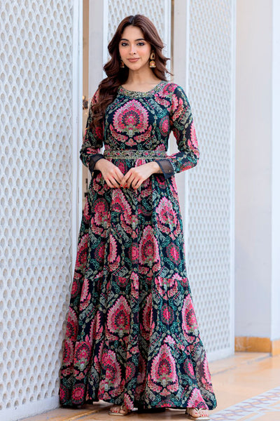 Black Chinon Cutdana and Sequin Embroidery Kurti with Embroidered Belt