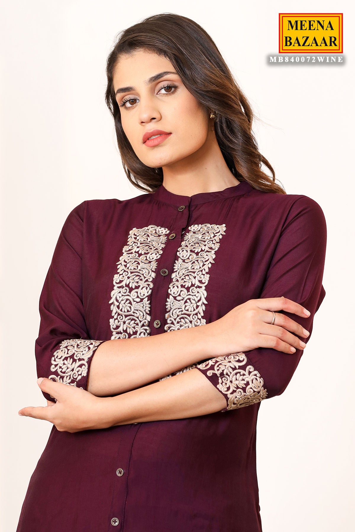 Wine Muslin Neck Embroidered Kurti and Pant Co-ord Set