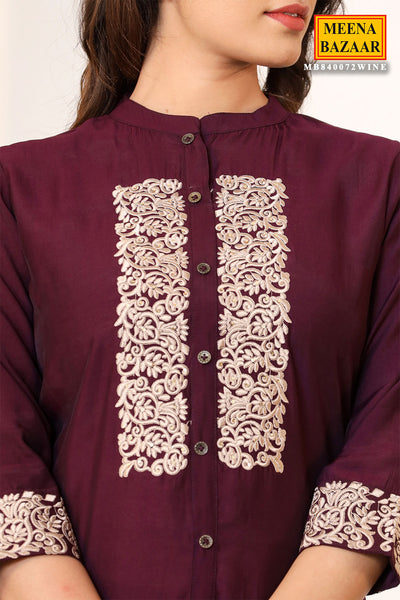 Wine Muslin Neck Embroidered Kurti and Pant Co-ord Set