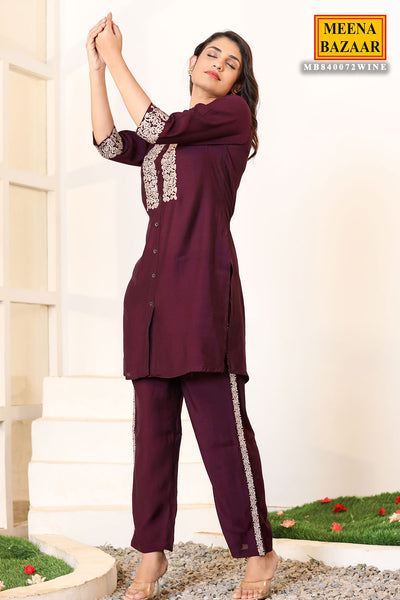 Wine Muslin Neck Embroidered Kurti and Pant Co-ord Set